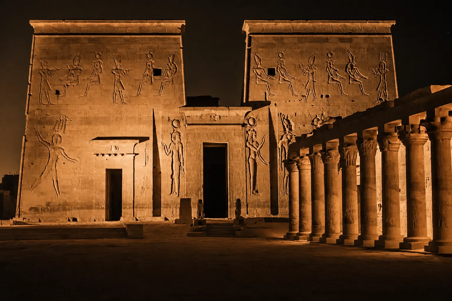 Colonnade and pylons of Philae Temple on Agilkia Island near Aswan