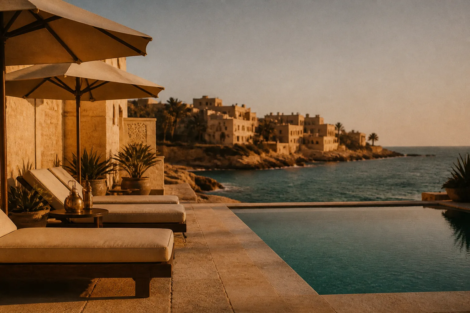 Luxury Nile-side hotel infinity pool with palm trees at golden hour