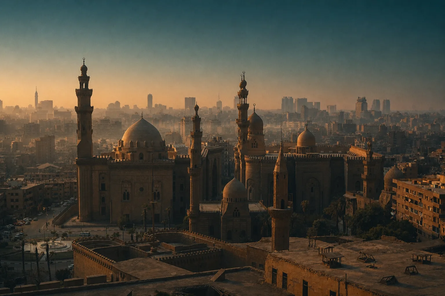 Polished dark luxury sedan parked beneath an Egyptian hotel portico at dawn