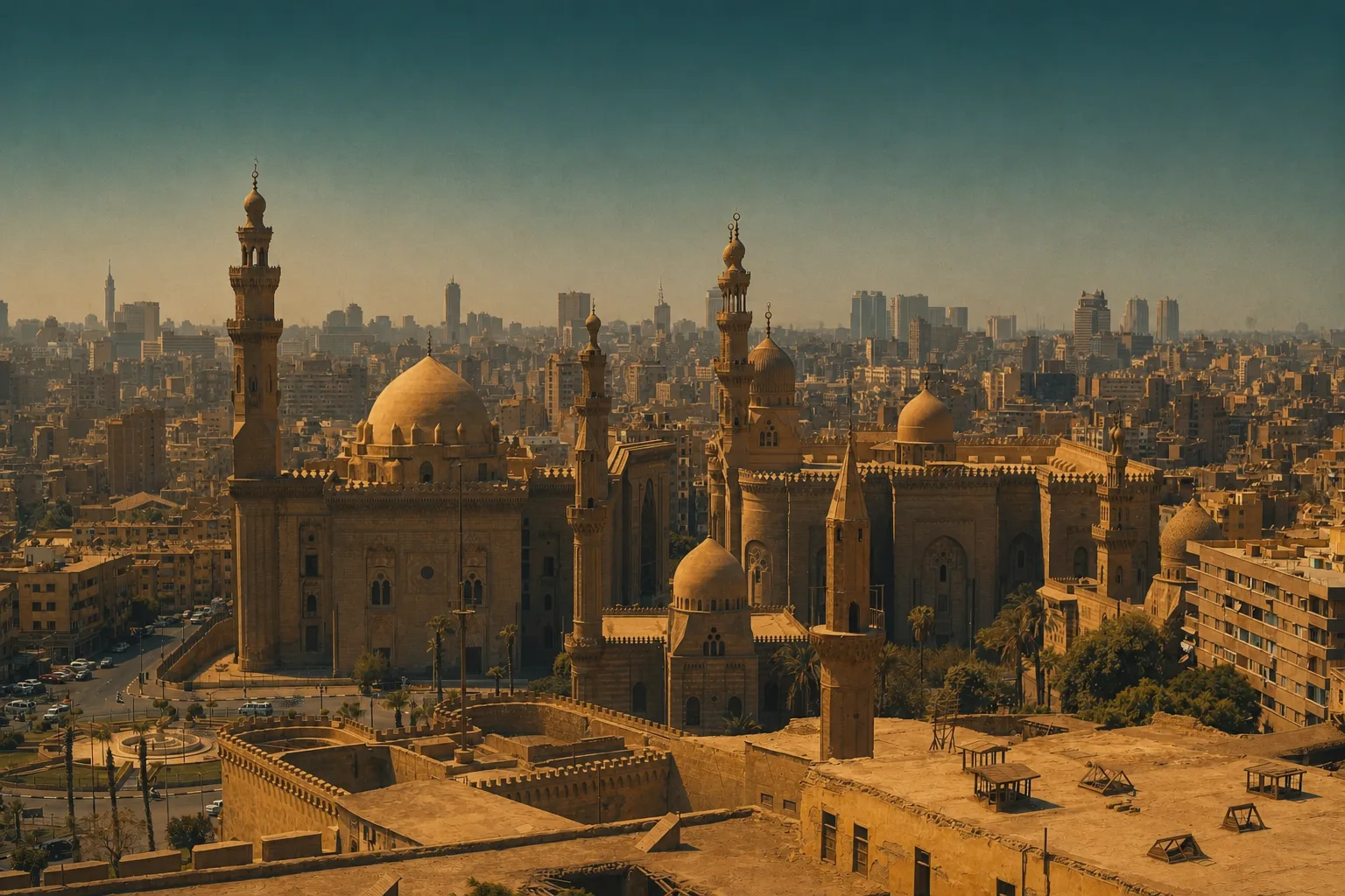 Cairo skyline at golden hour – mosques and minarets