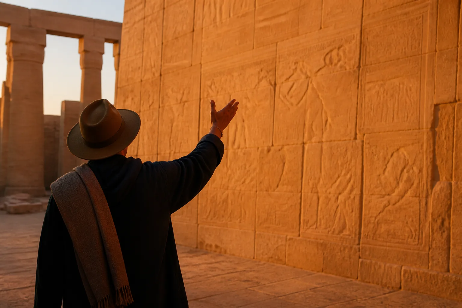 Tour guide silhouette gesturing toward a warm sandstone wall at golden hour, shot from behind.