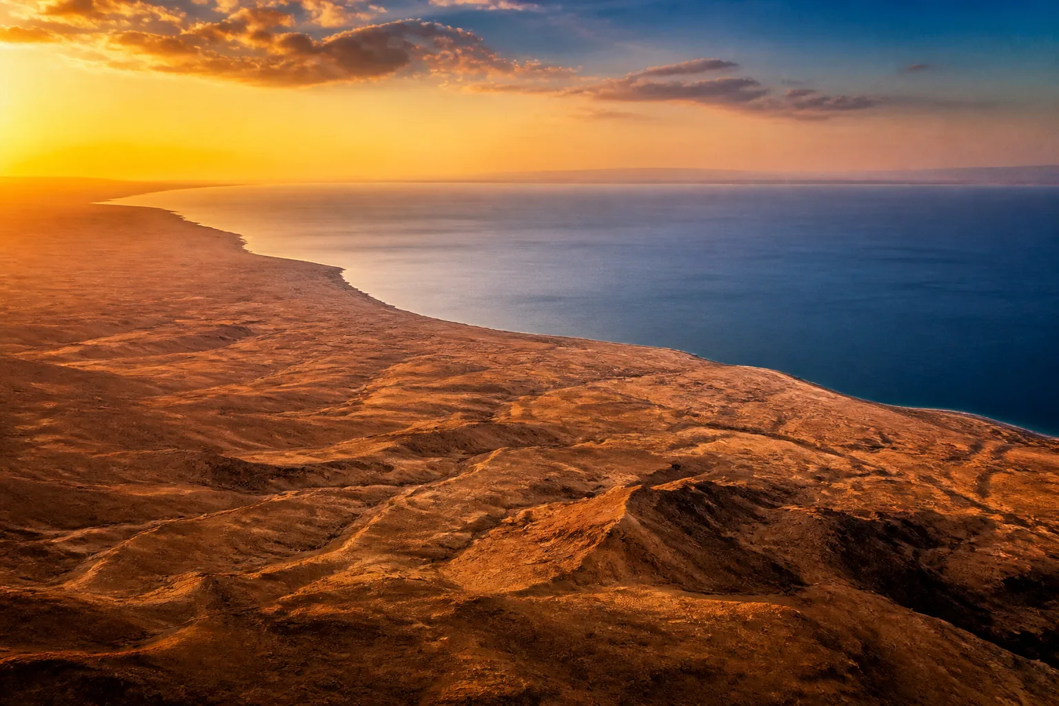 Aerial view of a vast warm desert plateau meeting deep blue sea on the horizon at golden hour.