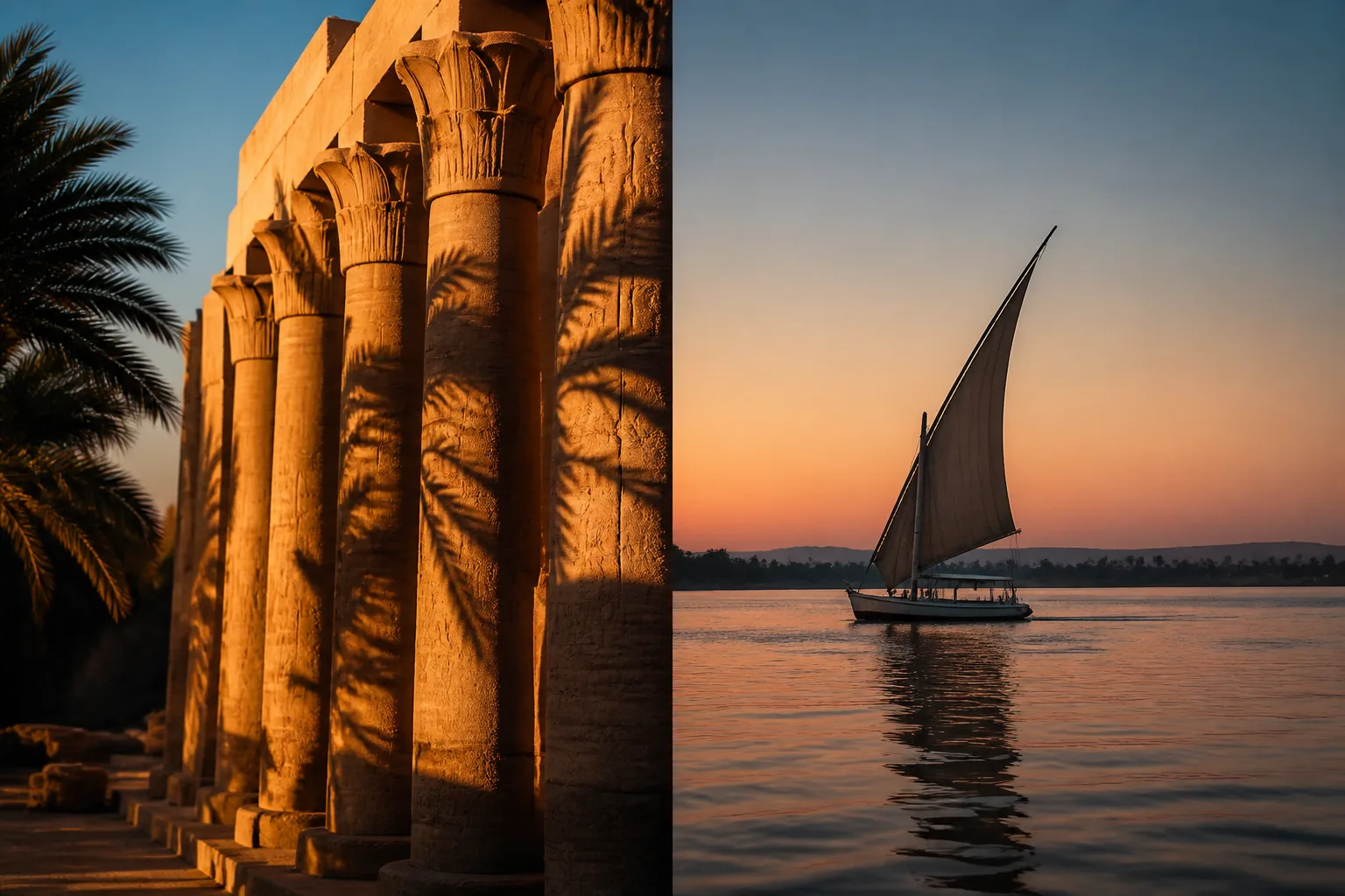 Split editorial frame contrasting a warm temple-colonnade silhouette on the left with a Nile felucca sail at twilight on the right.