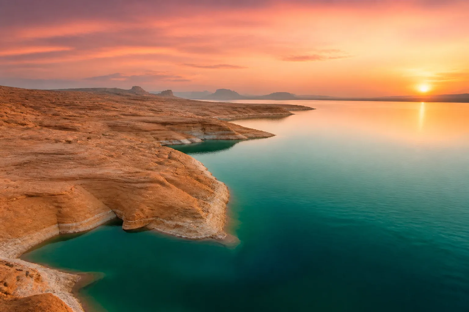 Editorial wide view of a calm inland lake meeting a sandstone desert shoreline at sunrise.