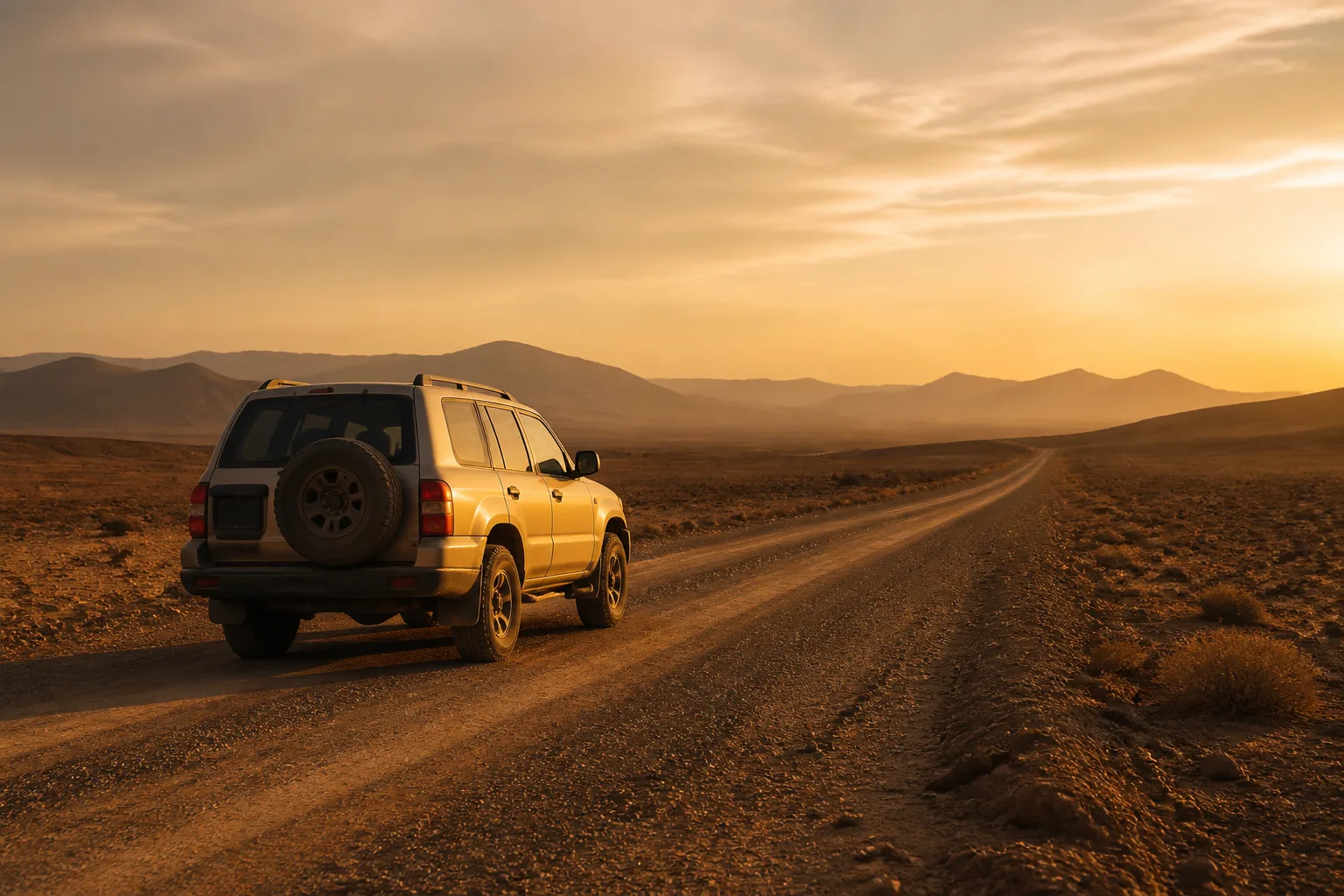 Single empty SUV on a desert road at golden hour with long shadows.