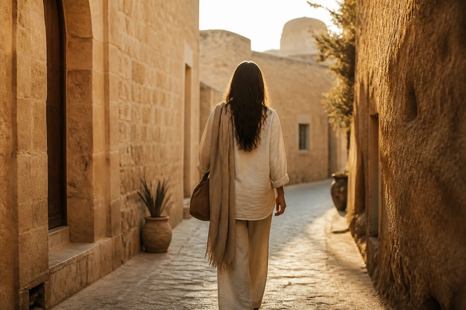 Single woman traveler in respectful loose linen clothing walking a warm-toned alleyway at golden hour, shot from behind.