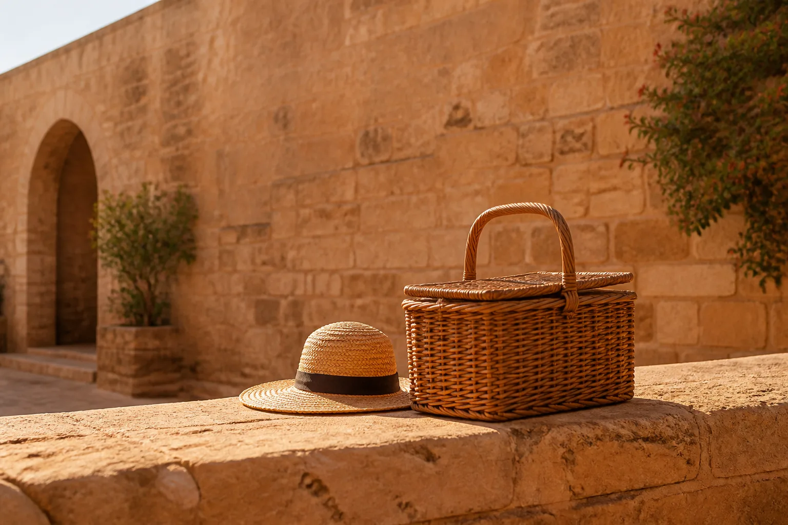 Wooden child-sized backpack and small sun-faded sandals on a stone bench under palm shade.