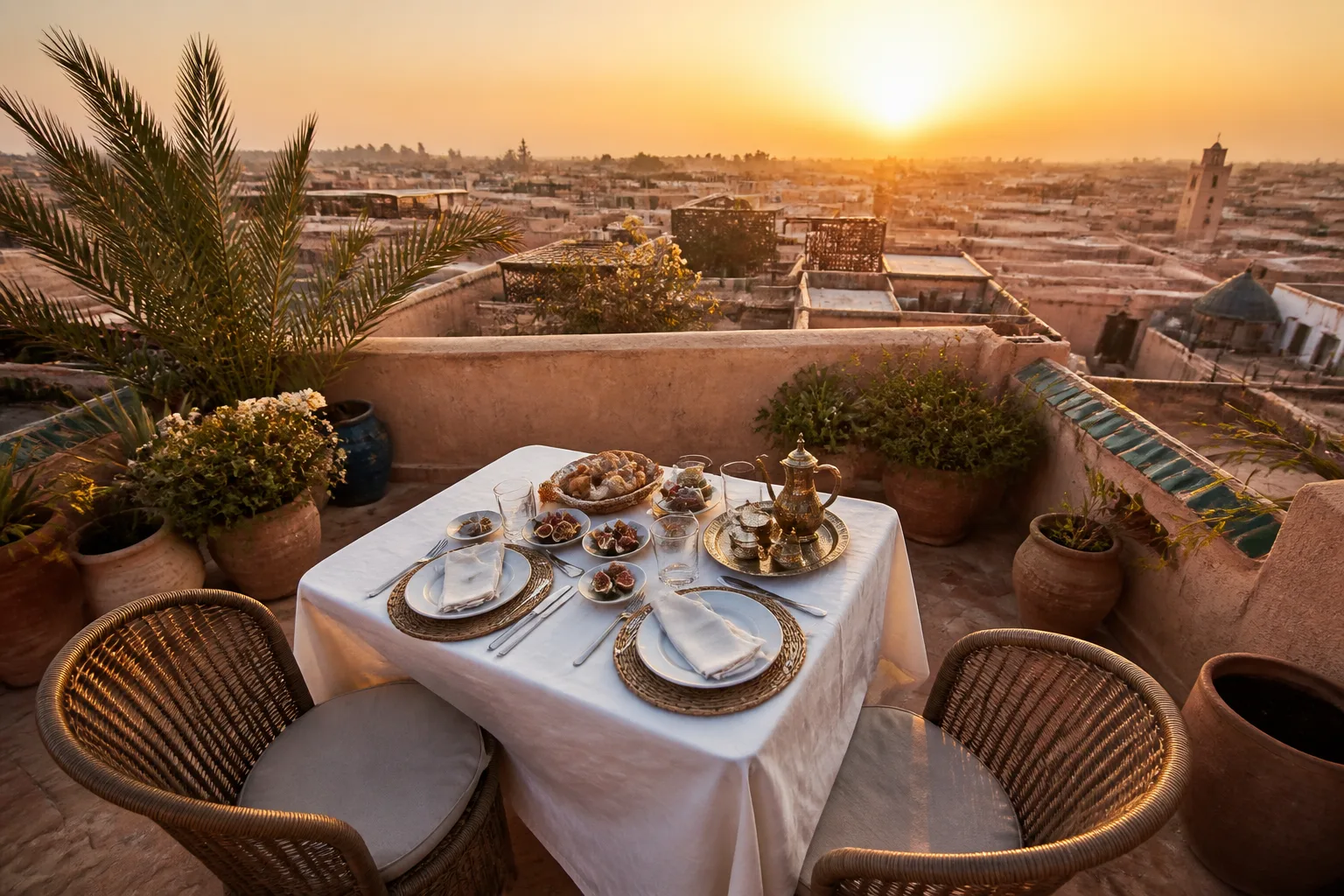 Elegant rooftop terrace breakfast table for two at sunrise.