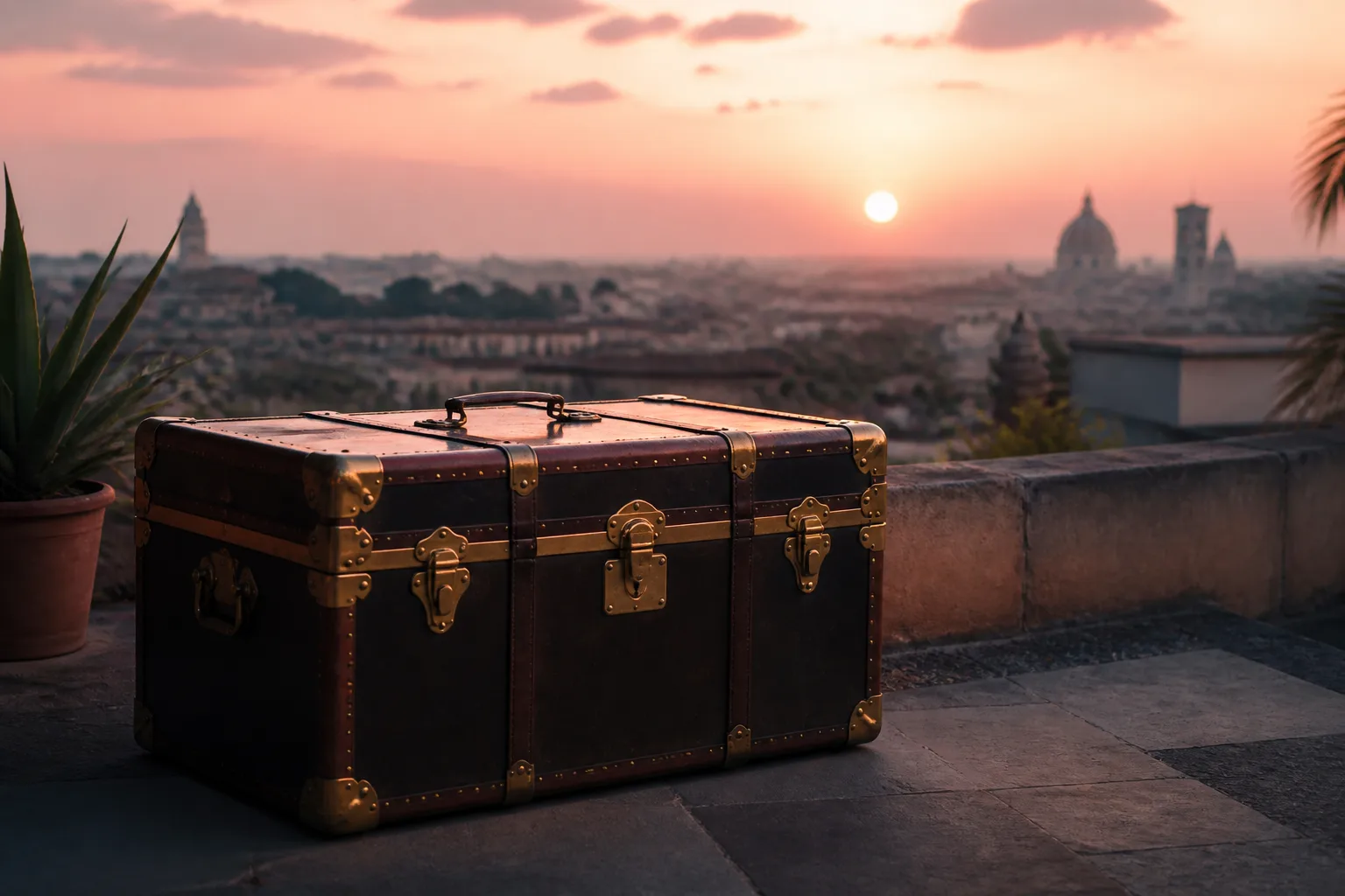 Vintage steamer-style trunk on a rooftop terrace at dawn, brass corners catching first light.