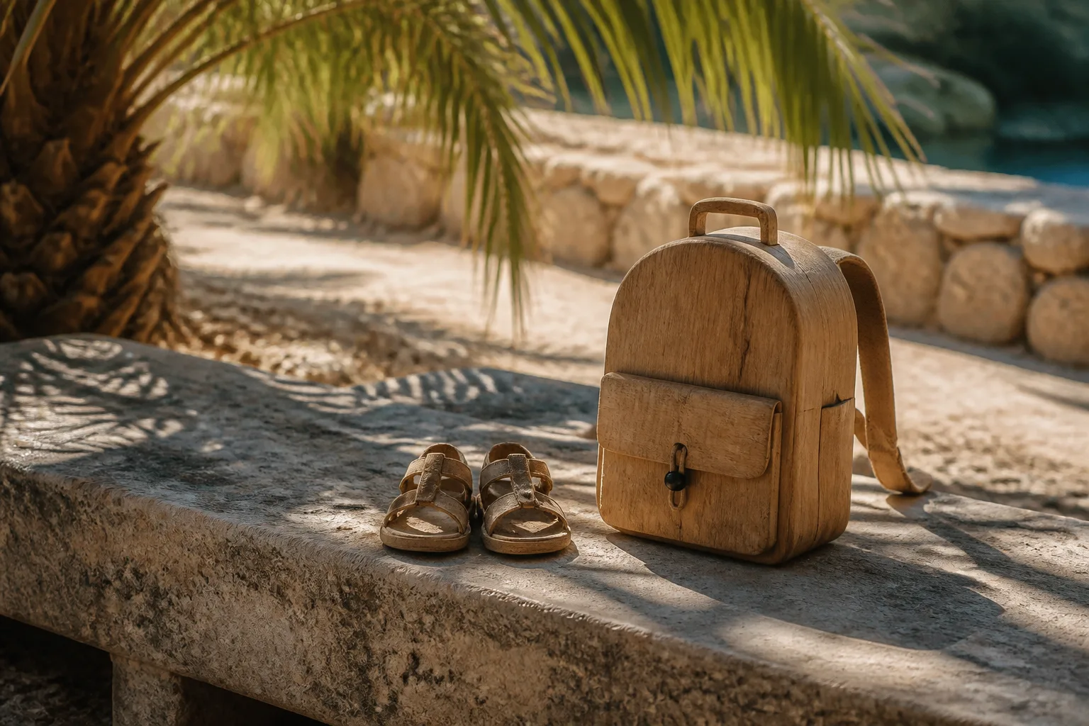 Wooden child-sized backpack and small sun-faded sandals on a stone bench under palm shade.