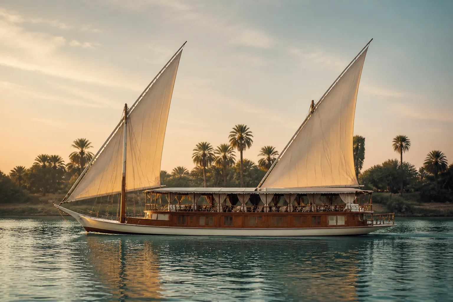 Traditional Egyptian dahabiya sailing yacht, full vessel, on the Nile