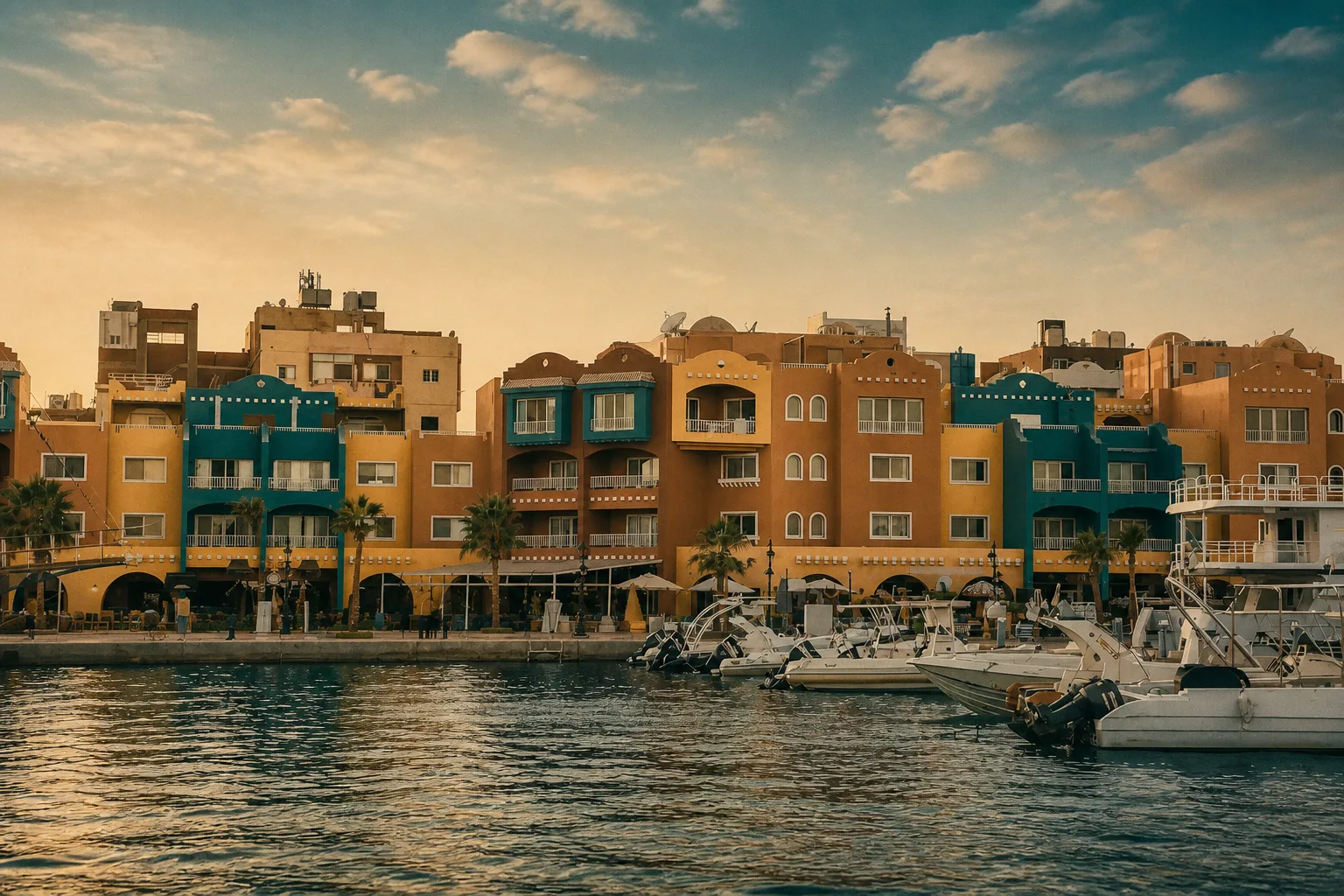 Hurghada old town and marina in spring afternoon light