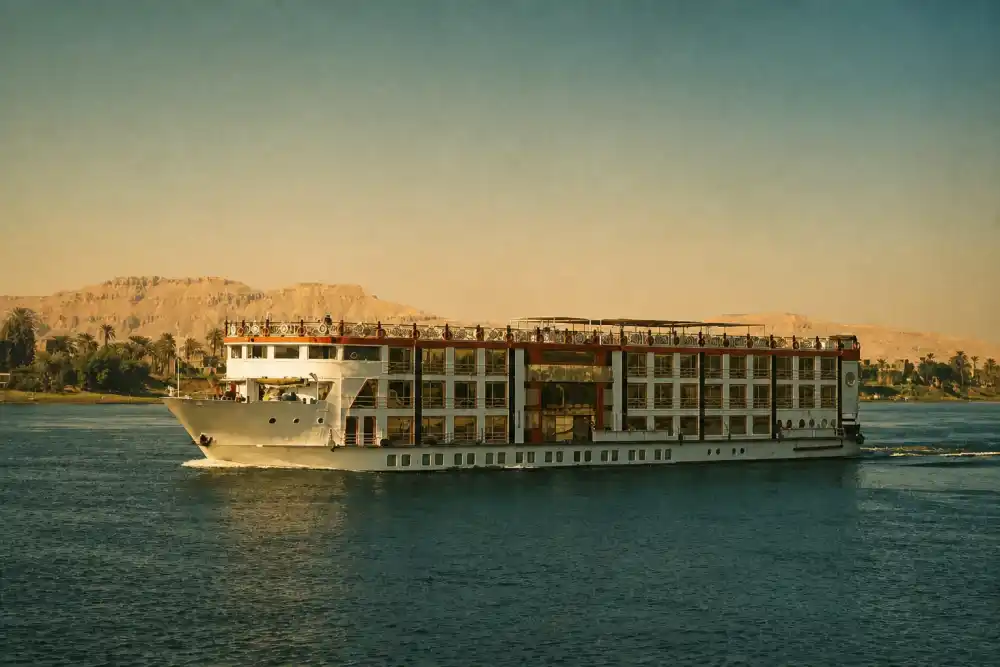 A Nile cruise vessel at sunset on the Nile River