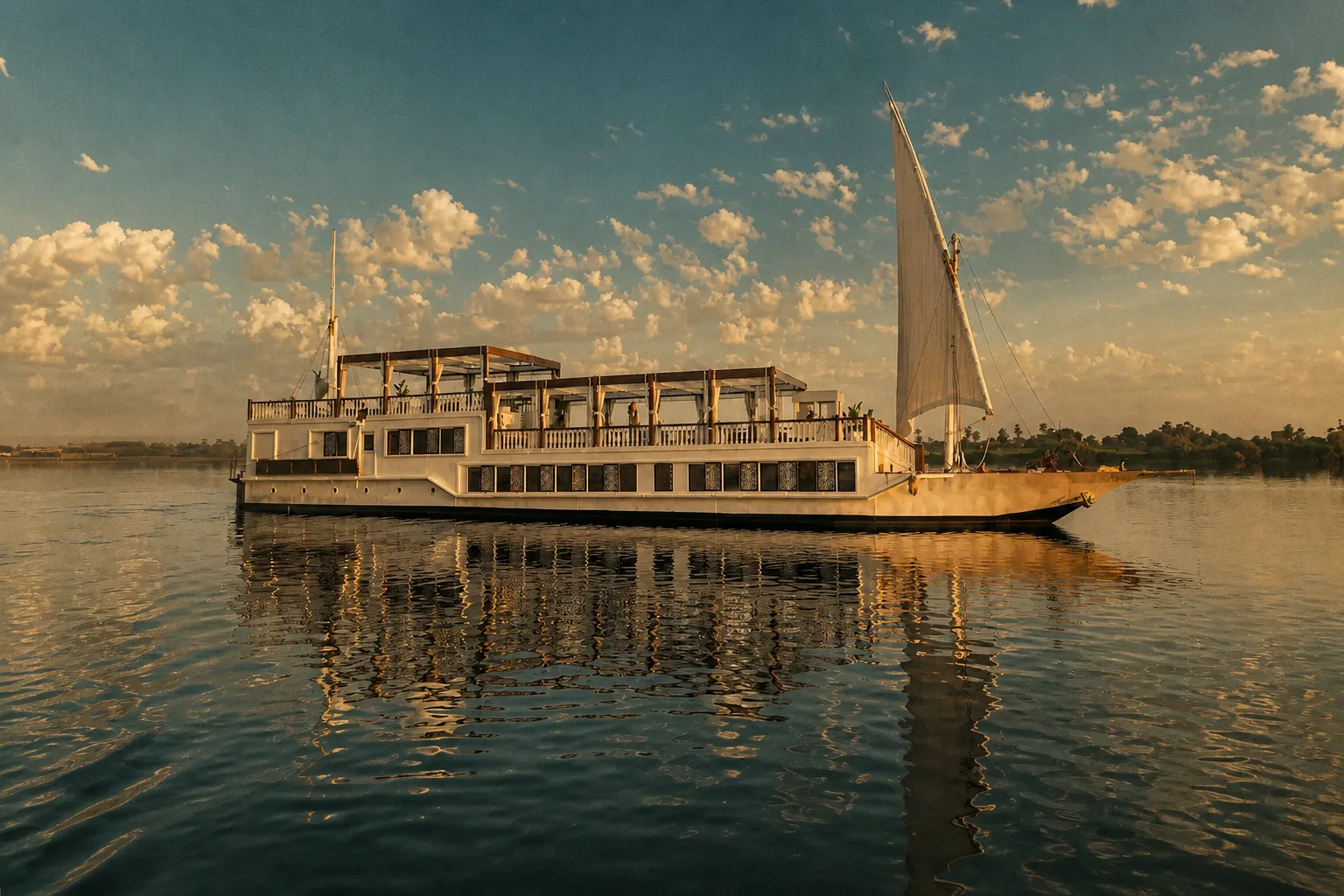 Dahabiya sailing the Nile under a soft spring sky