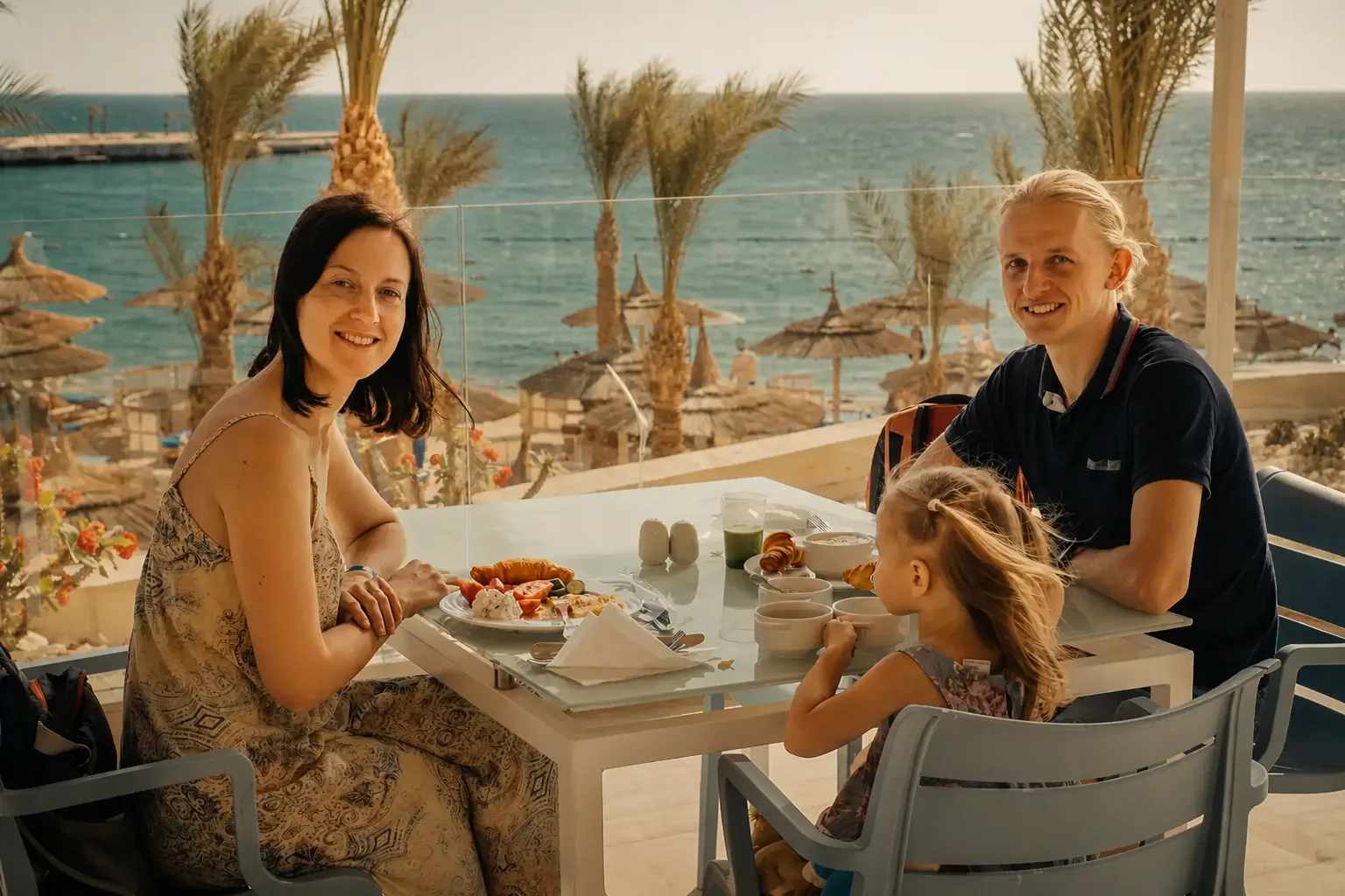 Family breakfast with a view of the sea, dawn