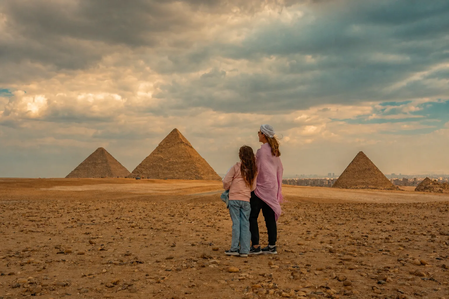 Pyramids of Giza in warm winter morning light